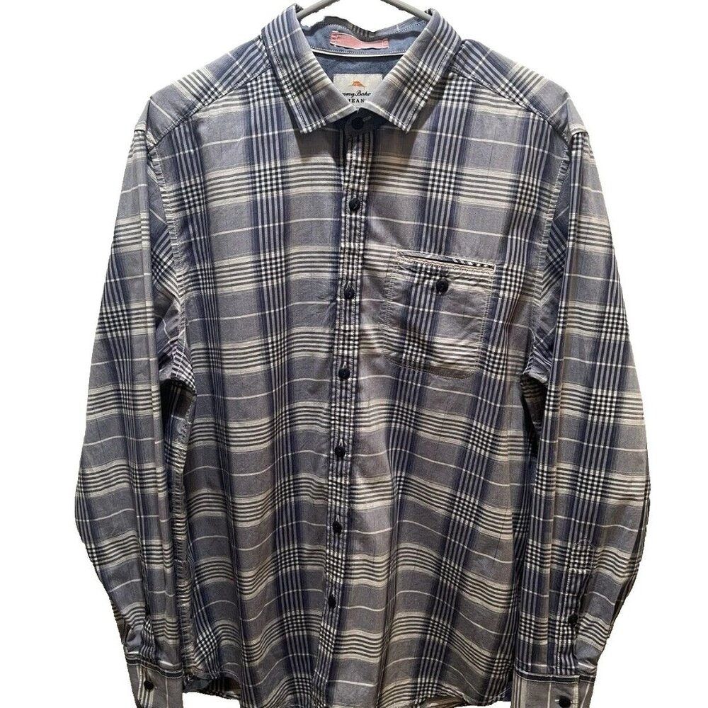 Tommy Bahama Jeans Men's Dress Shirt L Island Crafted Long Sleeve Navy White